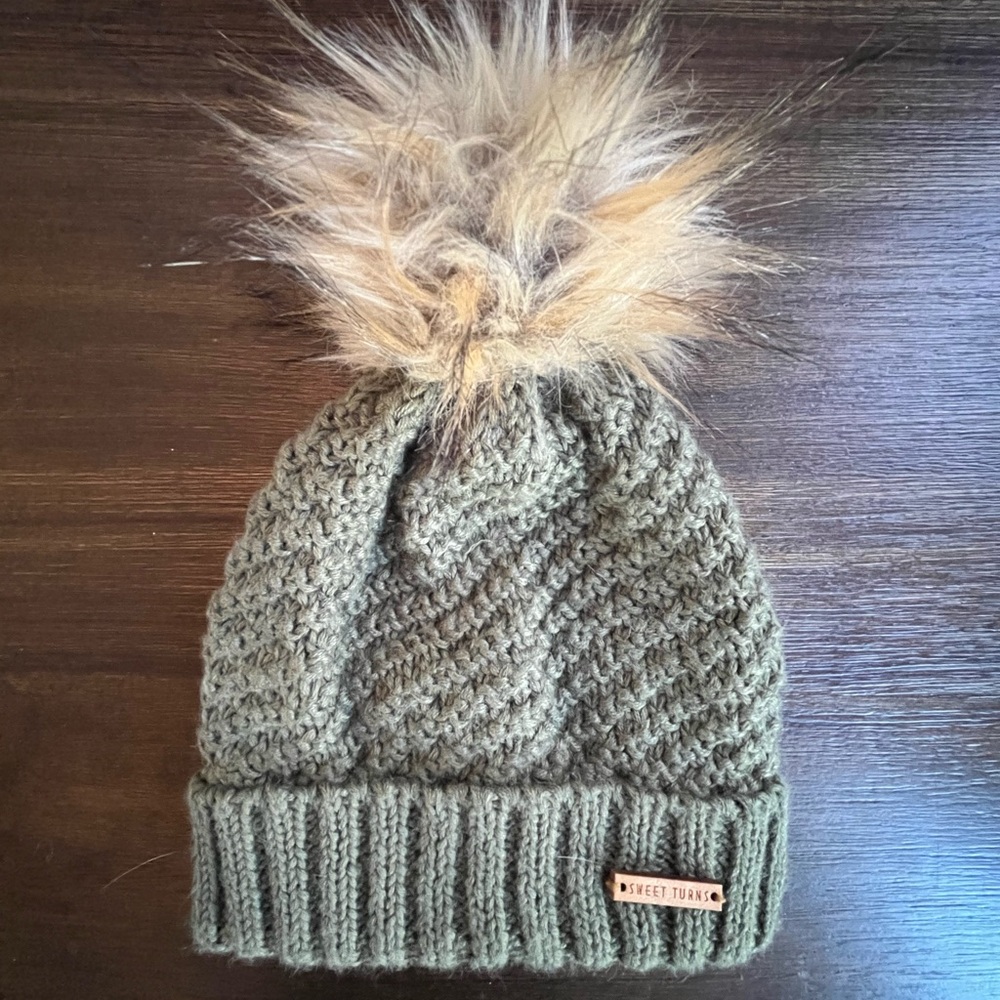 Sweet Turns Olive Knit Beanie with Faux Fur Pom